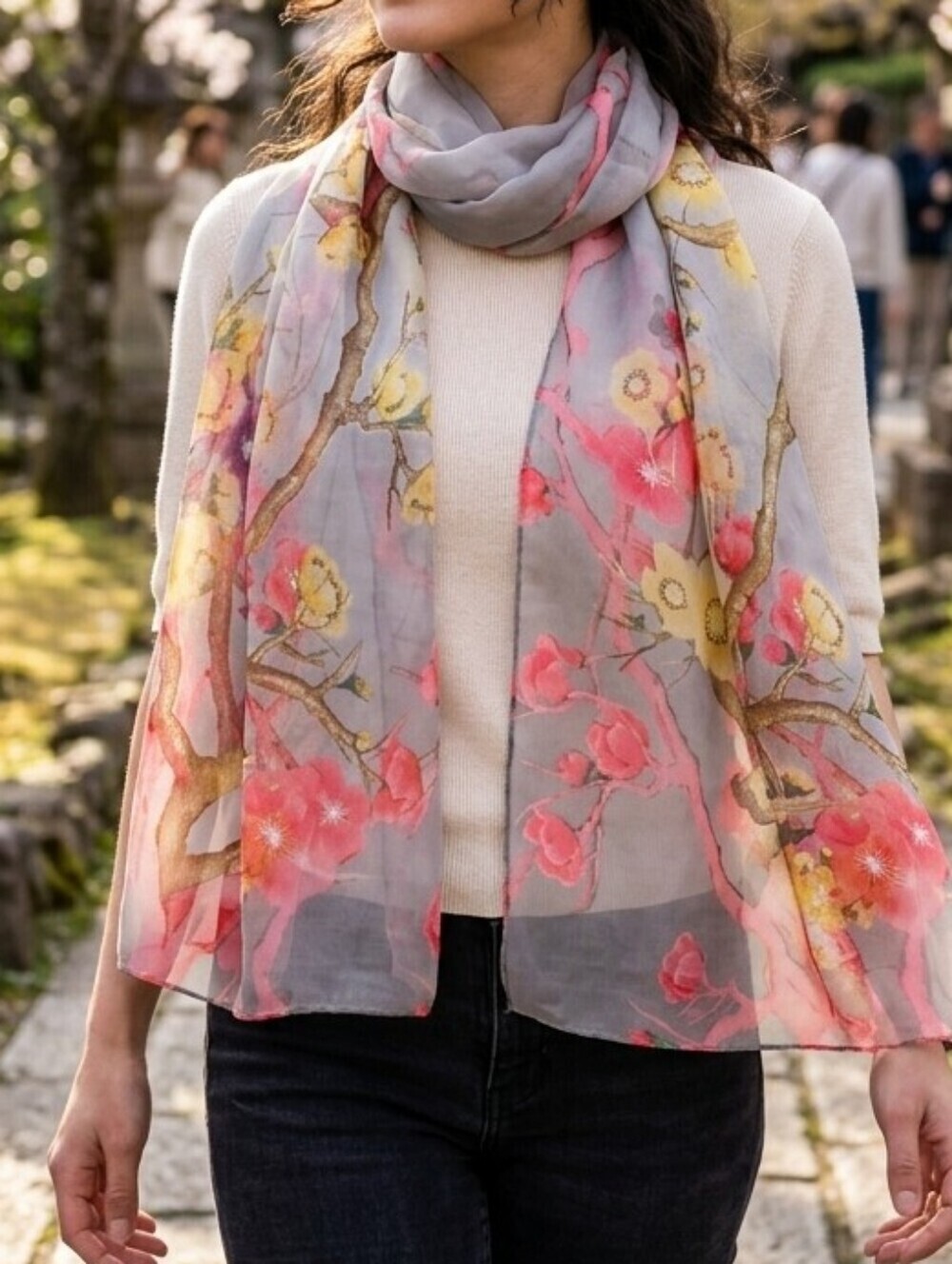 Pink Cherry Blossom Yellow Floral Lightweight Scarf Chiffon Shawl Wrap 63"x20"